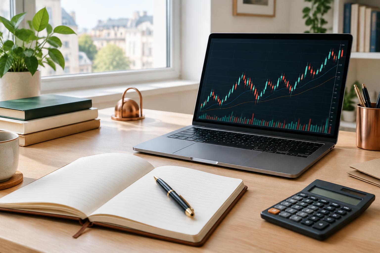 Carnet et calculatrice devant des graphiques boursiers